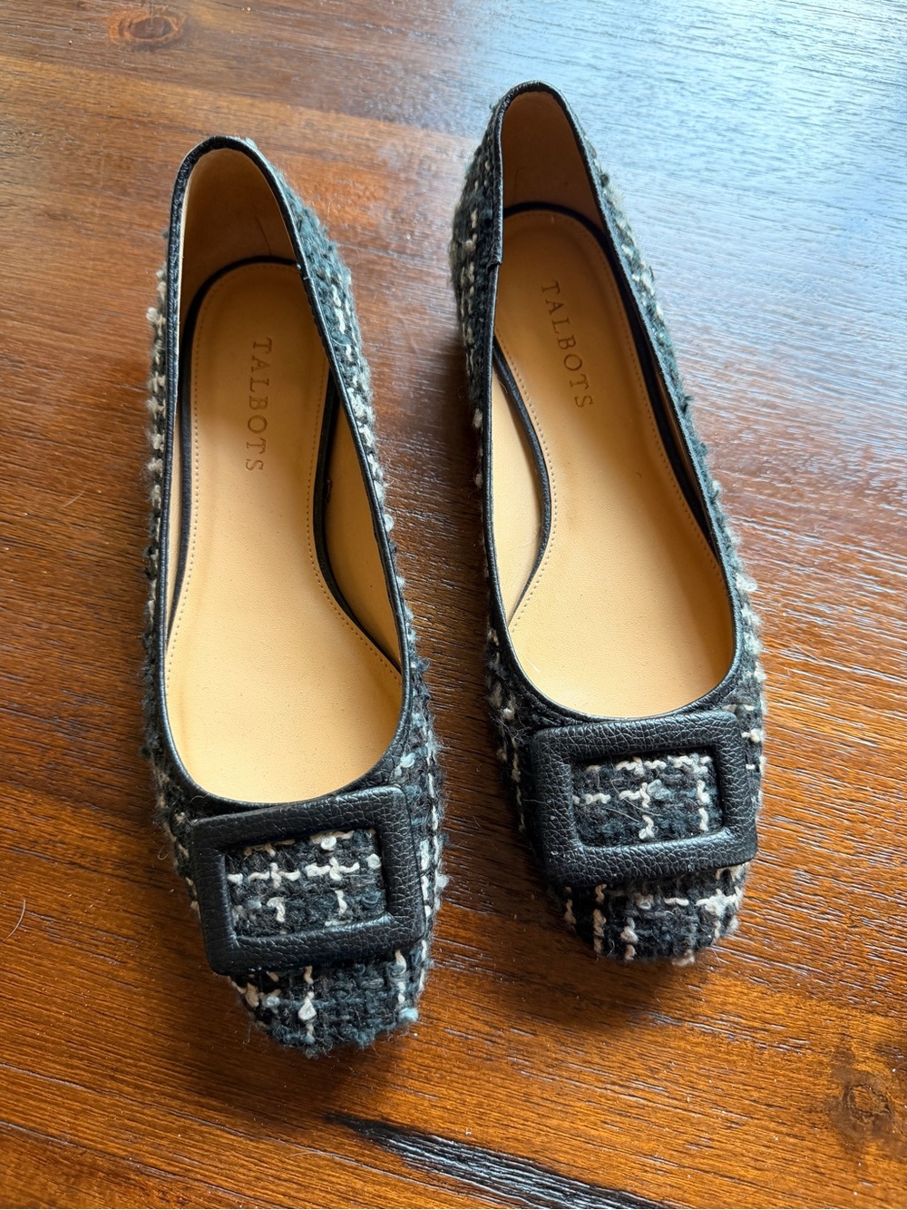 Talbots Black Tweed Square Buckle Ballet Flats